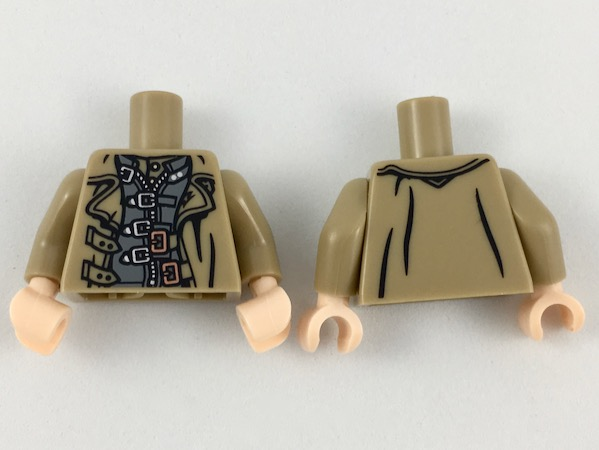 Torso Trench Coat Open over Dark Bluish Gray Jacket with Straps and Zipper, Silver and Copper Buckles Pattern / Dark Tan Arms / Light Nougat Hands