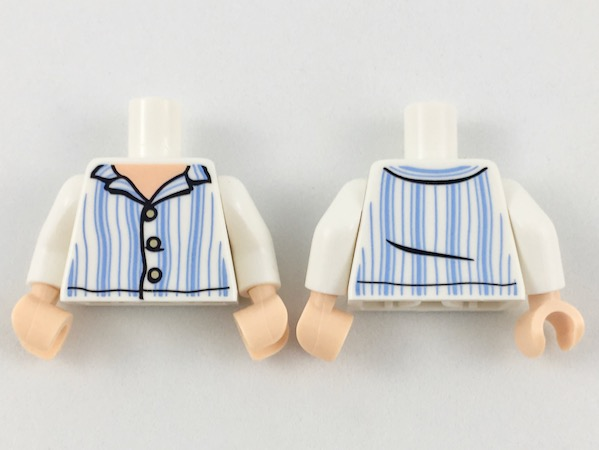 Torso Pajamas Top with Light Nougat Neck, Tan Buttons, Bright Light Blue Vertical Stripes Pattern / White Arms / Light Nougat Hands