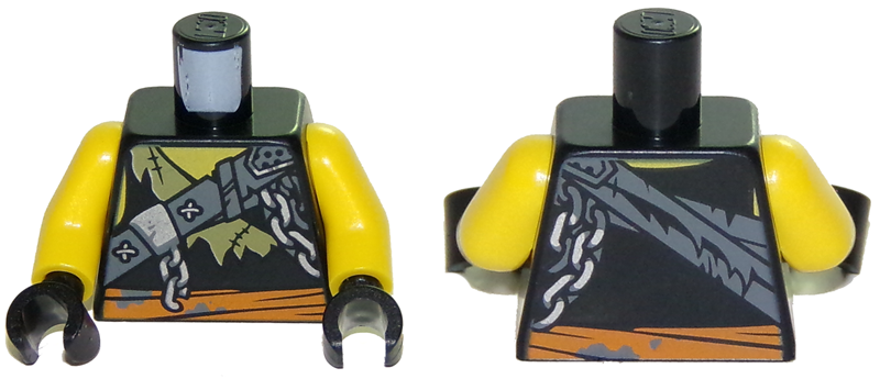 Torso Ninjago Broken Chain, Olive Green Stitched Tattered Shirt Fragment, Orange Sash Pattern / Yellow Arms / Black Hands