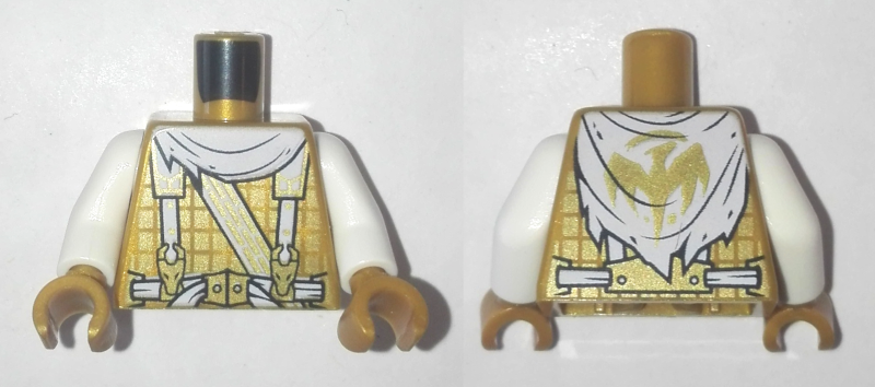 Torso Ninjago Cape, Suspenders with Dragon Clasps, Dragon Logo on Back Pattern / White Arms / Pearl Gold Hands