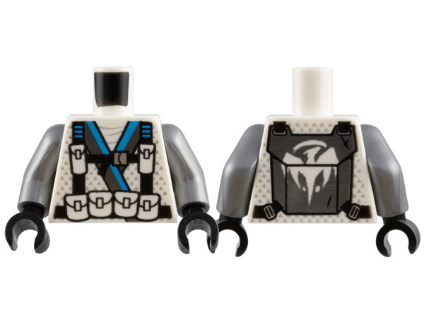 Torso Ninjago Robe with Dark Azure and Dark Silver Trim, Black Harness with Pouches and Silver Buckle, Backpack with Dragon Logo Pattern / Flat Silver Arms / Black Hands