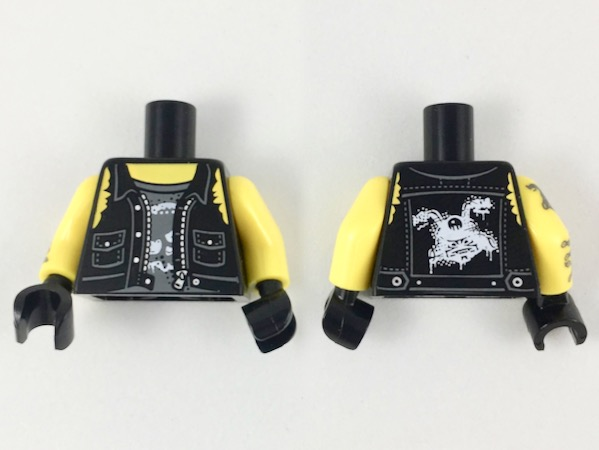 Torso Tattered Vest Open with Pockets, Zipper, Buttons, and White Sons of Garmadon (SOG) Logo on Back over Dark Bluish Gray Tank Top with Skull, Yellow Neck and Shoulders Pattern / Yellow Arm Left / Yellow Arm Right with Dark Bluish Gray Sons of Garmadon (SOG) Tattoo and Chains Pattern / Black Hands