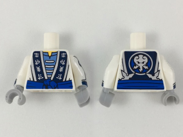 Torso Ninjago Robe with Elemental Logogram, Blue Sash Pattern / White Arms with Dark Blue Cuffs, Water Symbols on Circles, Silver Trim and Dots Pattern / Light Bluish Gray Hands