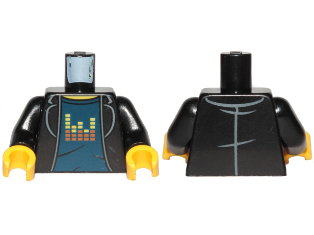 Torso Ninjago Jacket, Dark Blue Undershirt with Red and Yellow Pixels Bars Pattern / Black Arms / Yellow Hands