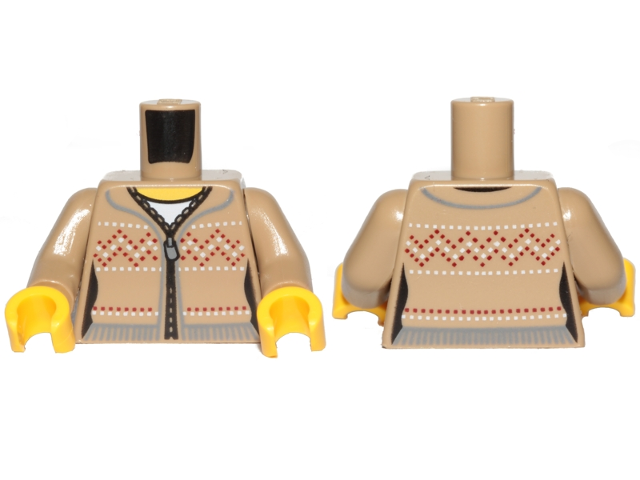 Torso Female Knit Fair Isle Sweater with Zigzag Stiching, Zipper, Yellow Neck Pattern / Dark Tan Arms / Yellow Hands