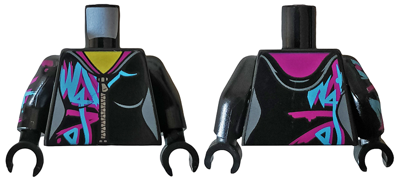 Torso Female Hoodie with Zipper, Magenta and Medium Azure Markings Pattern / Black Arm Left / Black Arm Right with Magenta and Medium Azure Markings Pattern / Black Hands