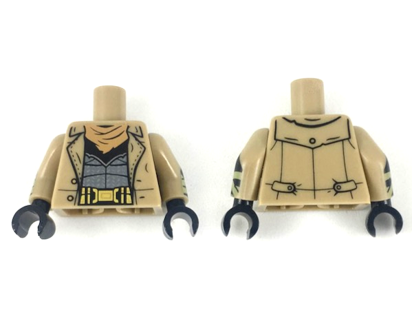 Torso Trench Coat Open with Buttons over Dark Bluish Gray Armor Suit, Gold Utility Belt, Nougat Bandana Pattern / Dark Tan Arms with Black Gloves, Olive Green Wrappings Pattern / Black Hands