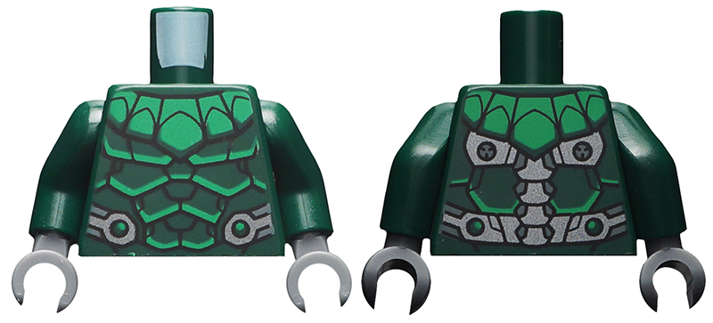 Torso Armor, Green Collar and Highlights, Silver Belt and Electrical Contacts on Back Pattern / Dark Green Arms / Dark Bluish Gray Hands