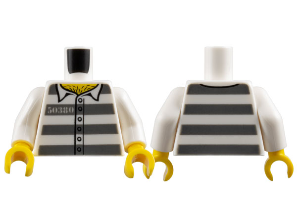 Torso Prison Uniform Shirt with '50380', 6 Buttons, and Dark Bluish Gray Stripes, Hairy Chest, Yellow Neck Pattern / White Arms / Yellow Hands