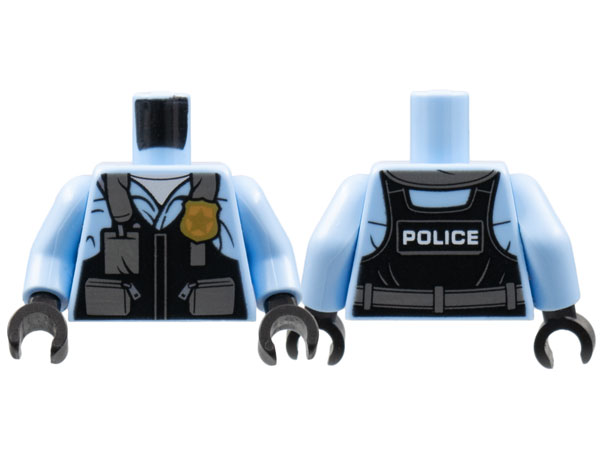 Torso Police Black Pilot Safety Vest with Police Badge and Dark Bluish Gray Pockets Pattern / Bright Light Blue Arms / Black Hands