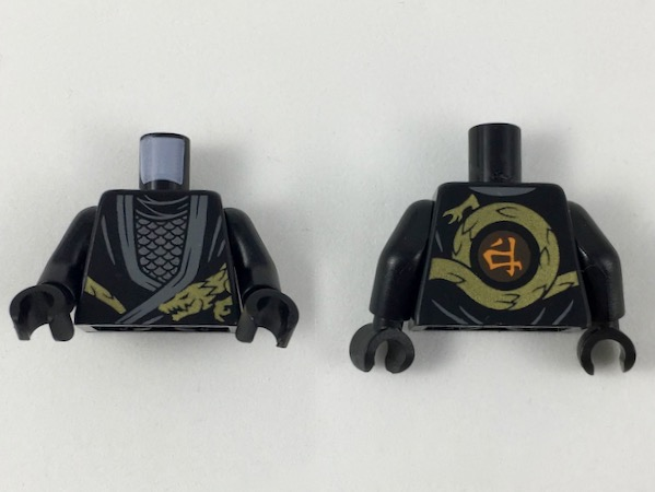 Torso Ninjago Robe with Dark Bluish Gray Hems, Gold Dragon Head and Tail, Silver Scale Armor Pattern / Black Arms / Black Hands