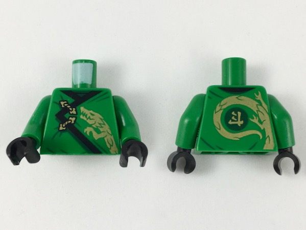 Torso Ninjago Robe with Black Hem, Gold Clasps and Dragon Head Pattern / Green Arms / Black Hands