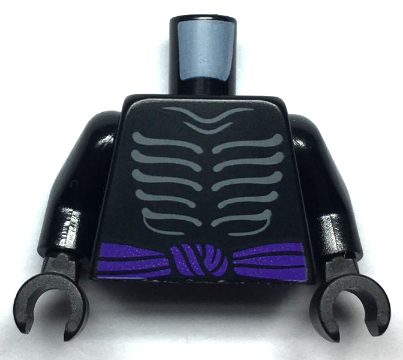 Torso Ninjago Skeleton Ribs Gray and Dark Purple Waist Sash Pattern and Gray Muscles Outline on Back / Black Arms / Black Hands