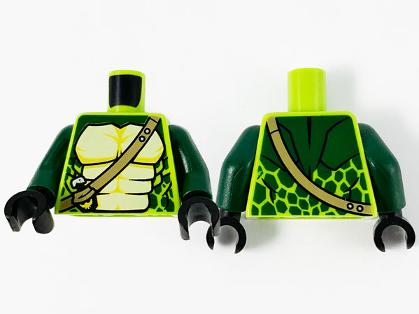 Torso Ninjago Snake with Dark Tan Shoulder Belt and Green and Tan Scales Pattern / Dark Green Arms / Black Hands (Spitta)