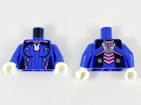 Torso Female Bodysuit, Dark Pink Trim, White Rabbit Head in Dark Pink Circle, 8 Dark Blue Vertical Stripes Pattern / Blue Arms / White Hands