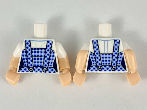 Torso Female with Dark Blue and Bright Light Blue Gingham Dress Pattern / Light Nougat Arms with Molded White Short Sleeves Pattern / Light Nougat Hands