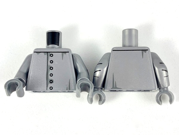 Torso Silver Paint, Rivets, Dark Bluish Gray Smudges Pattern / Flat Silver Arms with Elbow Joint Panels / Dark Bluish Gray Hands