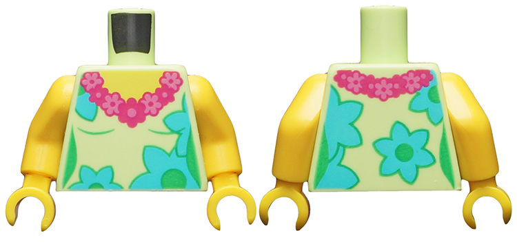 Torso Female, Dark Pink and Magenta Lei, Medium Azure and Bright Green Flowers Pattern / Yellow Arms / Yellow Hands