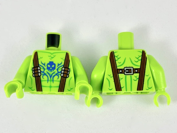 Torso Dark Brown Suspenders with Silver Bullets, Green Muscle and Scale Lines, Blue Skull and Filigree Tattoo Pattern / Lime Arms / Lime Hands