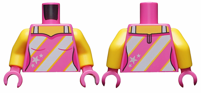 Torso Female Tank Top, Light Bluish Gray Straps and 3 Diagonal Stripes, Silver Stars Pattern / Yellow Arms / Dark Pink Hands