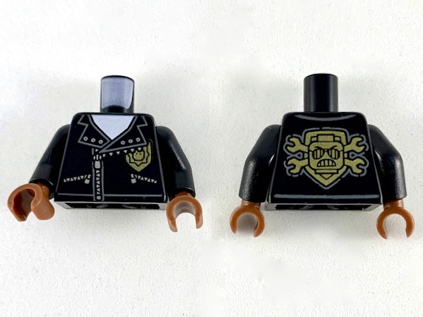 Torso Police Silver Zippers and Rivets, Gold Badge Front, Gold Emblem with Minifigure Head and Wrenches Back Pattern / Black Arms / Reddish Brown Hands