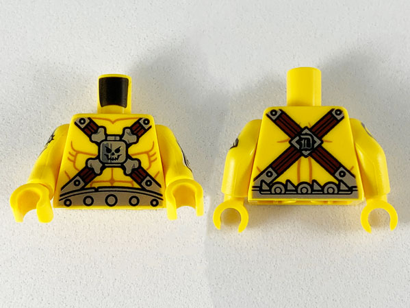 Torso Muscles Outline, Cross Straps, Silver Belt, Buckles, Head, Crossbones Pattern / Yellow Arms with Surfboard and Chainsaw Pattern / Yellow Hands