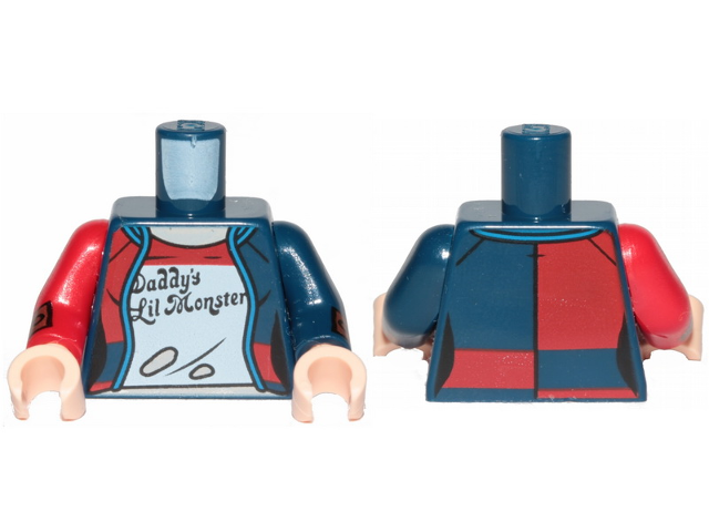 Torso Female Outline, Jacket over Ripped T-Shirt Pattern / Dark Blue Arm Left with Brown Cuff / Red Arm Right with Brown Cuff / Light Nougat Hands