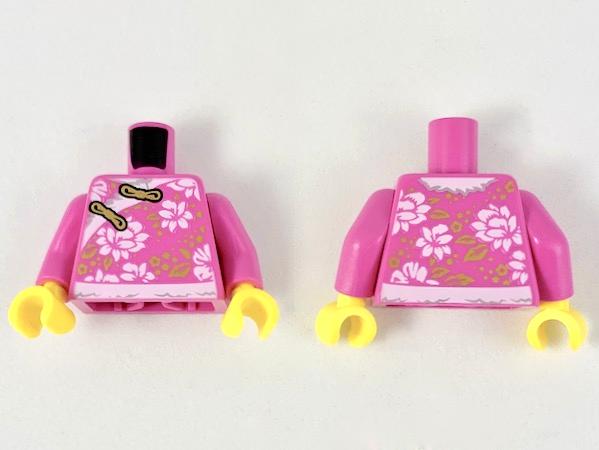 Torso Qipao with White Flowers and Hems, Gold Clasps and Leaves Pattern / Dark Pink Arms / Yellow Hands