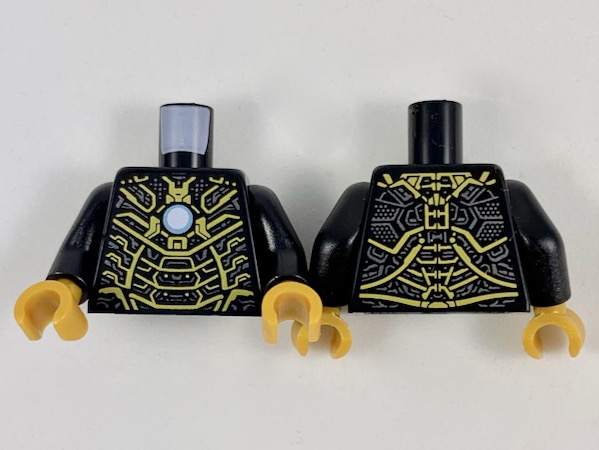 Torso Armor with Metallic Light Blue and White Circle Arc Reactor, Dark Silver and Gold Trim Pattern (Iron Man Mark 41) / Black Arms / Pearl Gold Hands