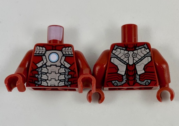 Torso Armor with Metallic Light Blue and White Circle Arc Reactor, Silver Panels, Dark Silver Trim Pattern (Iron Man Mark 5) / Dark Red Arms / Dark Red Hands