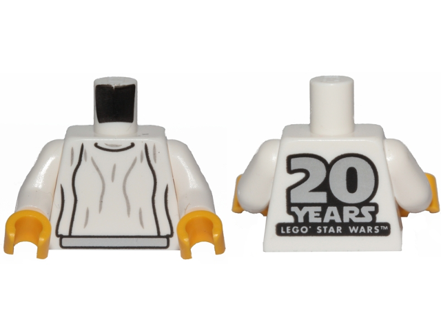 Torso SW Loose Dress Light Bluish Gray Folds with '20 YEARS LEGO STAR WARS' on Back Pattern (Leia) / White Arms / Yellow Hands