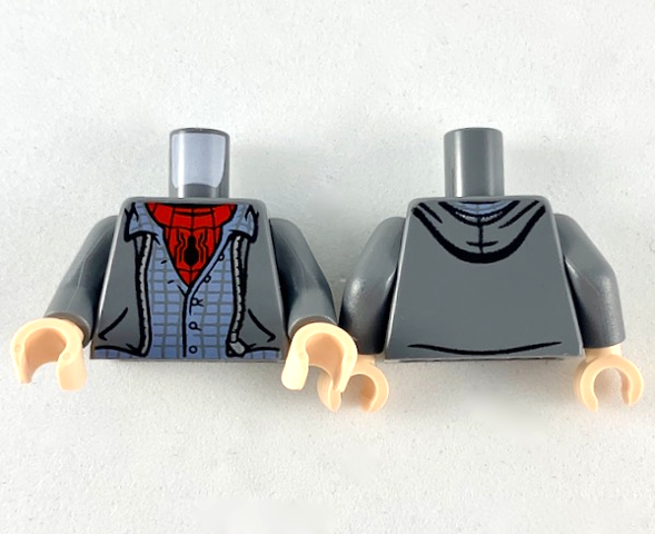 Torso Jacket with Hood, Silver Zipper, Sand Blue Shirt, Red Undershirt with Black Spider and Webs Pattern / Dark Bluish Gray Arms / Light Nougat Hands