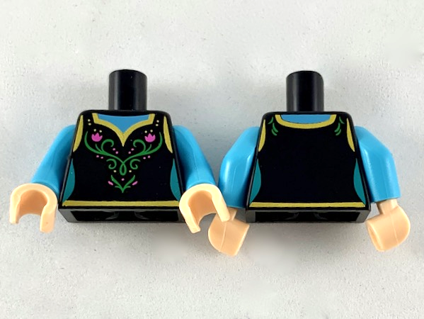 Torso Female Dress, Gold Hems, Dark Pink Flowers and Green Filigree Pattern / Medium Azure Arms / Light Nougat Hands