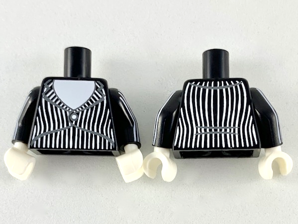 Torso Tuxedo Jacket with White Shirt, Stripes and Centered Button Pattern / Black Arms with 6 White Stripes Pattern / White Hands