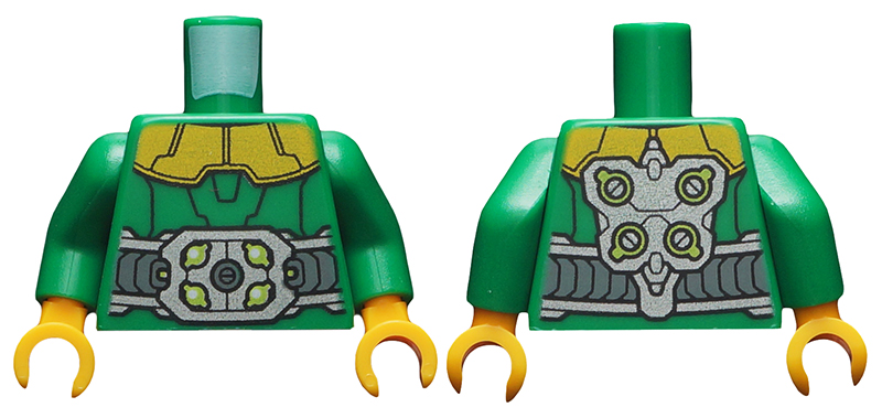 Torso Armor with Gold Shoulders, Large Silver Belt with Lime Highlights and Arm Attachments on Back Pattern / Green Arms / Bright Light Orange Hands