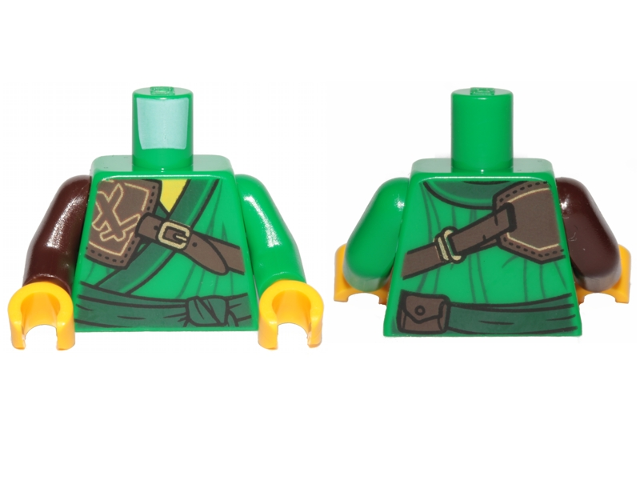 Torso Ninjago Robe with Dark Green Trim and Sash, Dark Brown Leather Pauldron Pattern / Green Arm Left / Dark Brown Arm Right / Yellow Hands