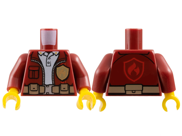 Torso Jacket with Gold Fire Logo Badge over White Polo Shirt, Utility Belt, Red Fire Logo on Back Pattern / Dark Red Arms / Yellow Hands