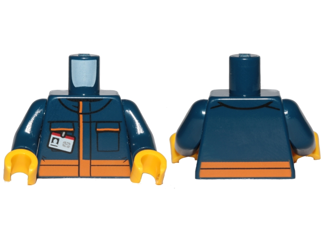 Torso Jumpsuit with Orange Stripes and White Minifigure ID Badge Pattern / Dark Blue Arms / Yellow Hands