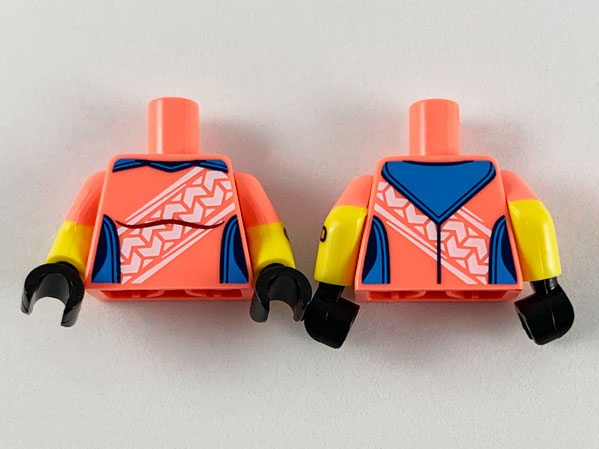 Torso Female Compression with Dark Azure Panels and White Stripe Pattern / Yellow Arms with Coral Short Sleeve Pattern and Bandage on Right / Black Hands