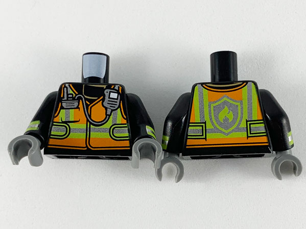 Torso Orange Vest with Silver and Lime Stripes and Silver Radio Pattern / Black Arms with Reflective Stripes Pattern / Dark Bluish Gray Hands