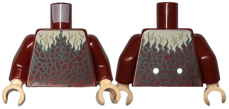 Torso Female Coat with Tan Shaggy Fur Collar and Black Animal Scales / Cracks Pattern / Dark Red Arms / Light Nougat Hands