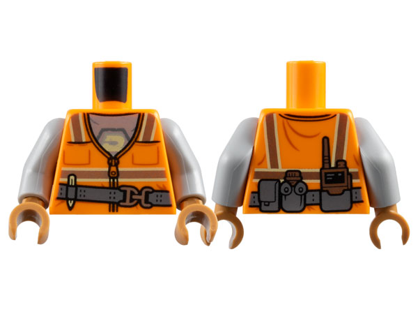 Torso Safety Vest with Zipper and Silver and Bright Light Yellow Reflective Stripes over Light Bluish Gray Shirt with Blacktron Logo, Dark Bluish Gray Utility Belt with Buckle, Pencil, Pouch, Canteen, and Radio Pattern / Light Bluish Gray Arms / Medium Nougat Hands