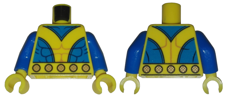 Torso Super Hero Costume with Muscles Outline, Blue Side and Neck Panels, and Belt with Gold Circles Pattern / Blue Arms / Yellow Hands