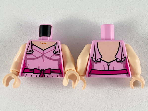 Torso Female Dress with Shoulder Ruffles, Light Nougat Neck, Metallic Pink Trim and Magenta Belt Pattern / Light Nougat Arms / Light Nougat Hands