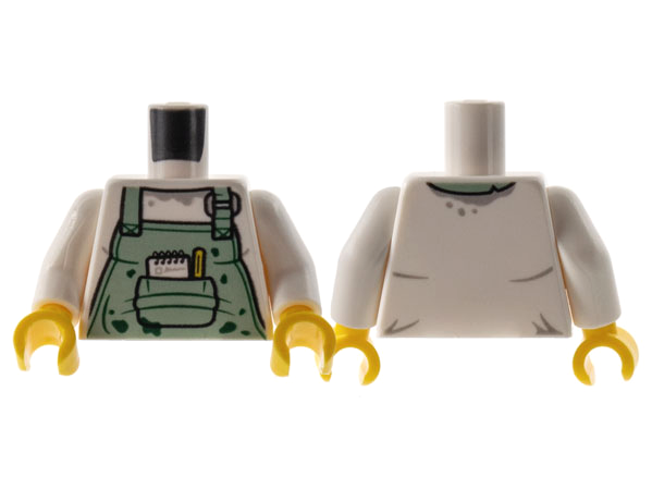 Torso Sand Green Apron, Dark Green Splotches, Pen and Pad in Pocket Pattern / White Arms / Yellow Hands