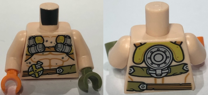 Torso Bare Chest with Muscles Outline, Harness and Belt with Silver Canteen Pattern / Light Nougat Arms / Olive Green Hand Left / Orange Hand Right