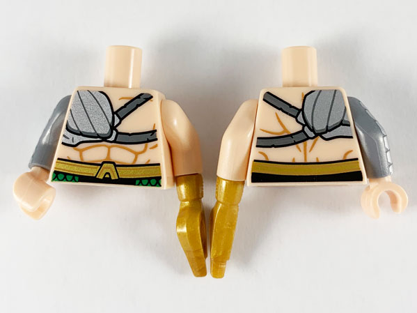 Torso Silver Right Pauldron, Pearl Gold Belt Pattern / Light Nougat Arm Left / Flat Silver Arm Right with 7 Silver Armor Plates Pattern / Pearl Gold Hand Left Harpoon / Light Nougat Hand Right