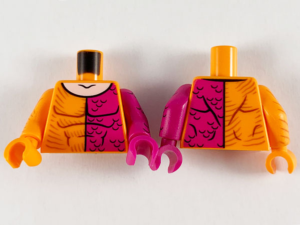 Torso Super Hero Muscles Outline, Magenta Left Side with Scales, Light Nougat Neck Pattern / Magenta Arm Left with Black Scales Pattern / Orange Arm Right with Brown Stripes Pattern / Magenta Hand Left / Orange Hand Right