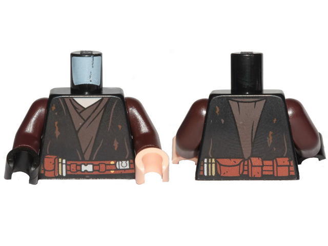 Torso SW Jedi Robe, Reddish Brown Belt, Tattered and Dirt Stains Pattern (Anakin) / Dark Brown Arms / Light Nougat Hand Left / Black Hand Right