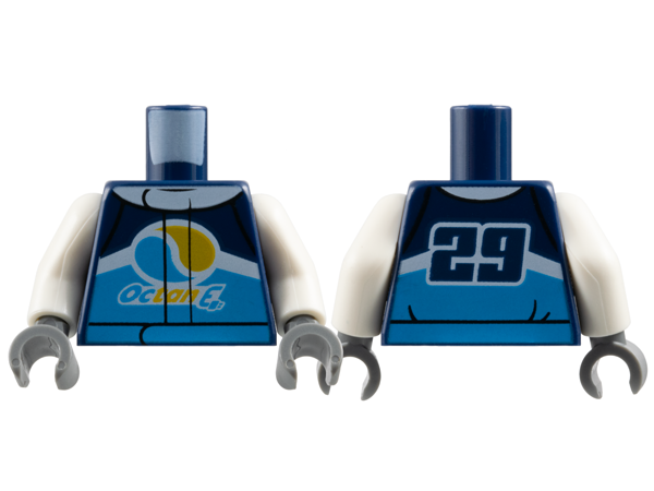 Torso Jacket with Dark Azure Belt, White Collar and Stripe, 'Octan E' Logo on Front, '29' on Back Pattern / White Arms / Dark Bluish Gray Hands